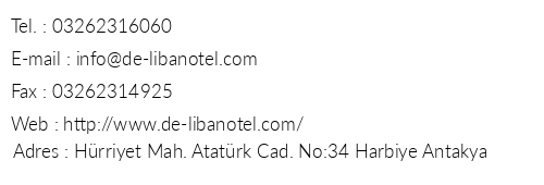 De Liban Hotel telefon numaralar, faks, e-mail, posta adresi ve iletiim bilgileri